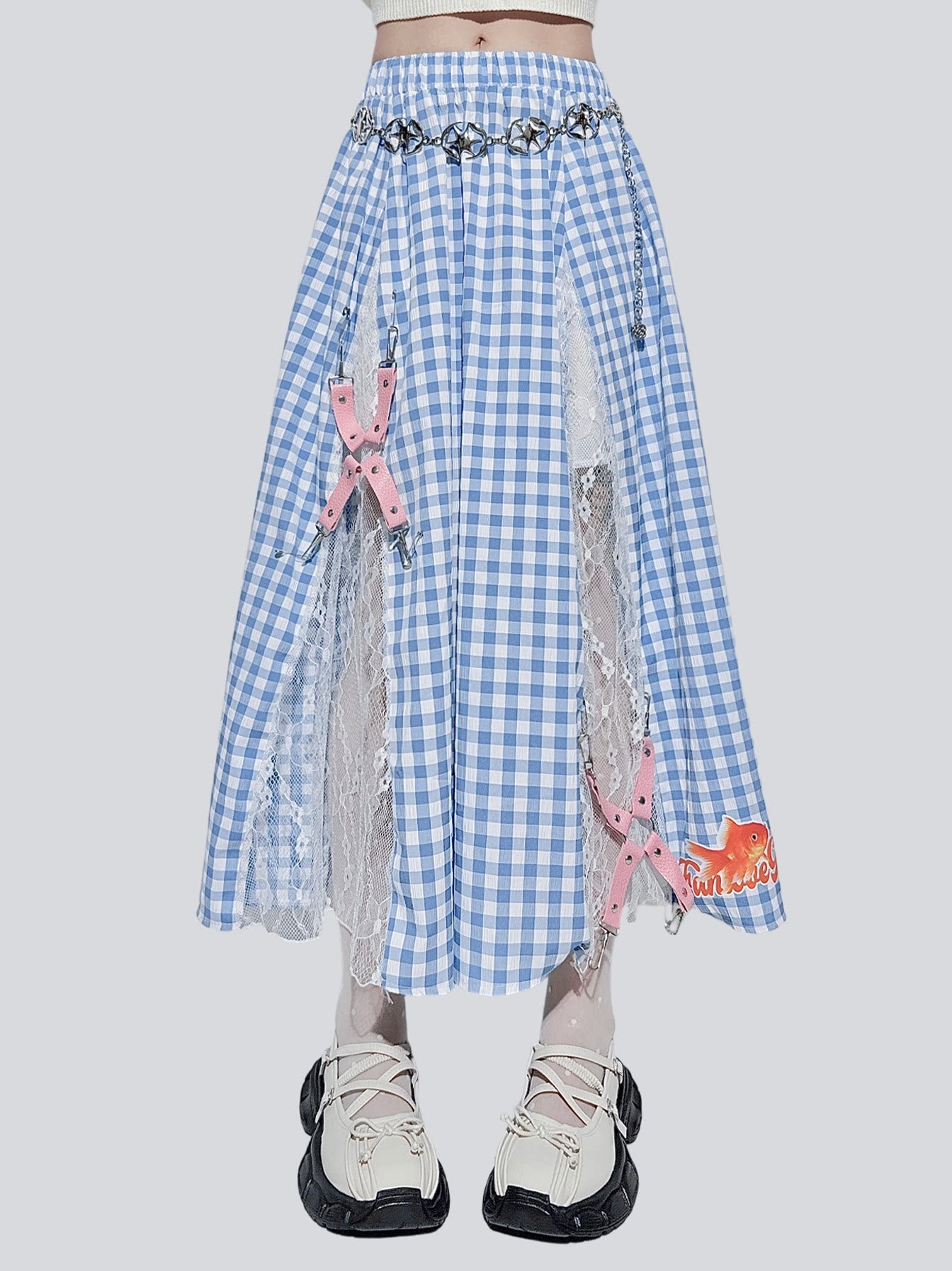 FANLOVEGIRL 中长款婴儿蓝格子半身裙女夏季新款格纹高腰 skirt FANLOVEGIRL Skirt with Waist Chain S