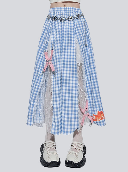 FANLOVEGIRL - Baby Blue Plaid Maxi Skirt | Sweet Punk Harajuku Lace Trim Skirt skirt FANLOVEGIRL Skirt with Waist Chain S