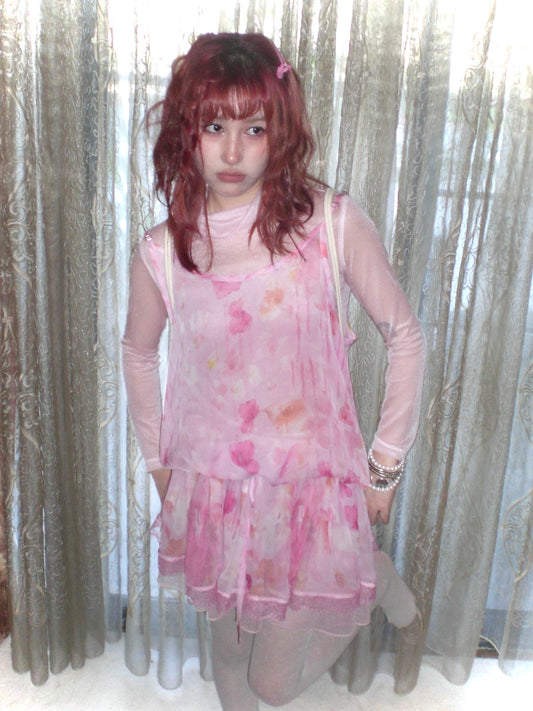 HIBABAO - Pink Floral Sheer Cami Dress dress HIBABAO