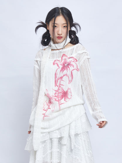 Harajuku Sweatshirt Beige Hollow-out Sweatshirt Printed Sweatshirt Casual Sweatshirt sweater Moon Meadow