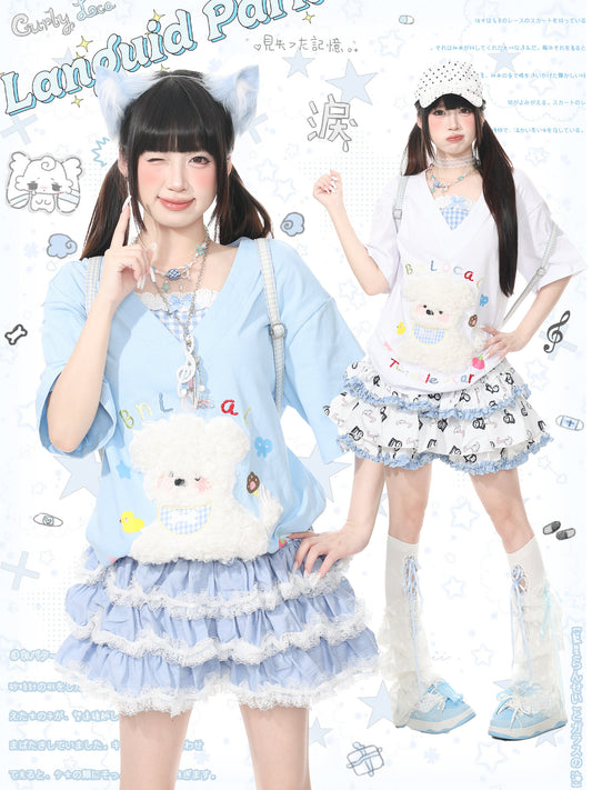 Languid Park - Dog Applique Bow V-Neck Tee tshirt Languid Park