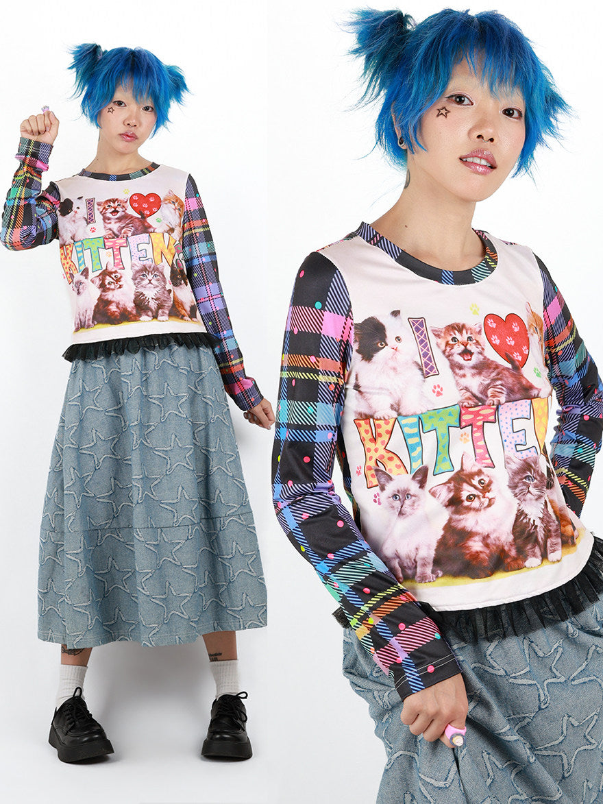 Nihonkids - I Love Cats Plaid Long Sleeve Tee shirt NIHON KIDS