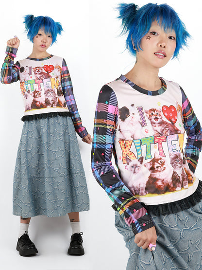 Nihonkids - I Love Cats Plaid Long Sleeve Tee shirt NIHON KIDS