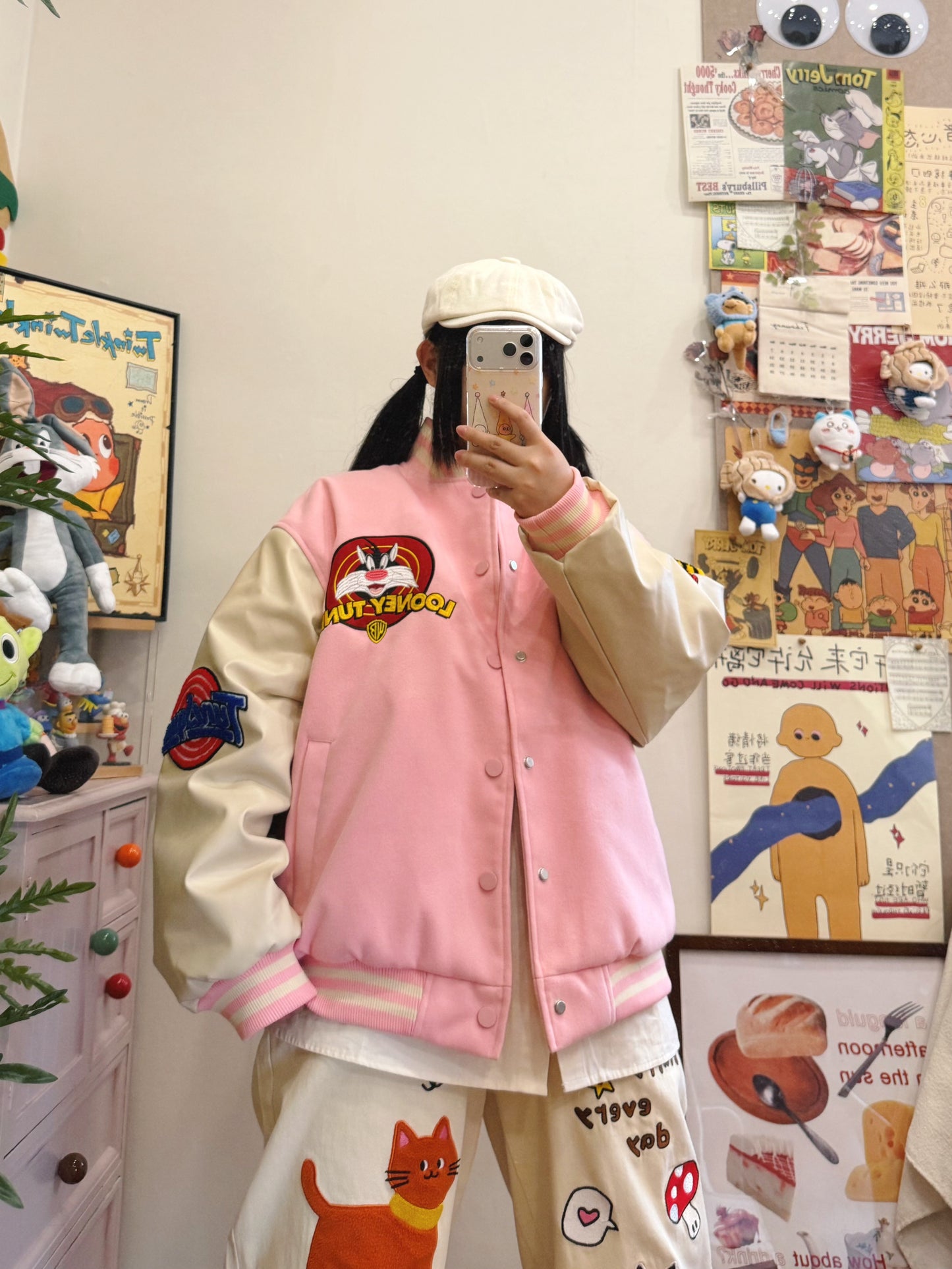 BIBULU - Kidcore Retro Embroidered Pink Baseball Jacket jacket BIBULU M