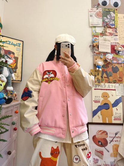 BIBULU - Kidcore Retro Embroidered Pink Baseball Jacket jacket BIBULU M