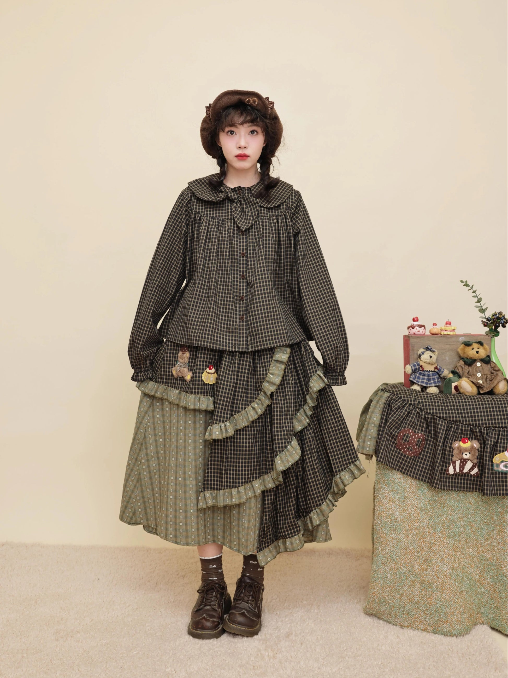 SemenCoicis - Kawaii Dark Green Plaid Bow Collar Shirt shirt SemenCoicis