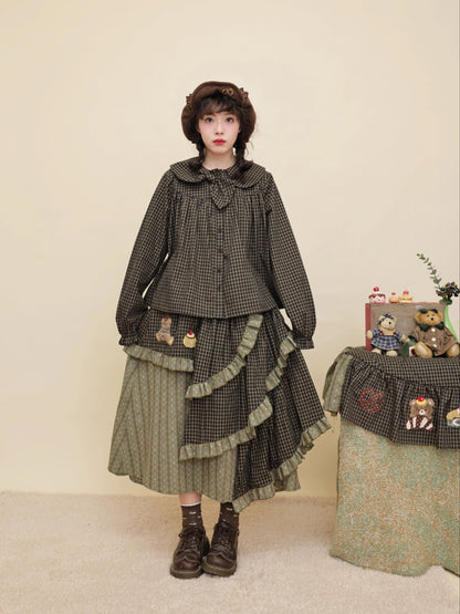 SemenCoicis - Kawaii Dark Green Plaid Bow Collar Shirt shirt SemenCoicis