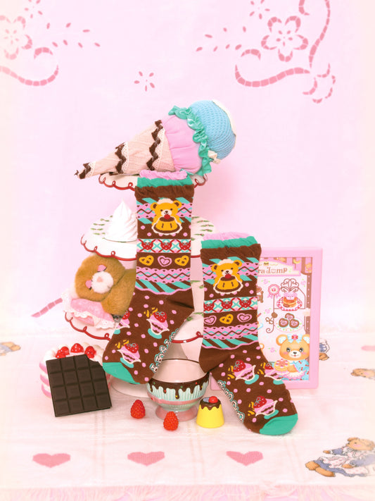 Lutra Jump - Kawaii Bear Stripe Pattern Lace Mid Socks socks Lutra Jump