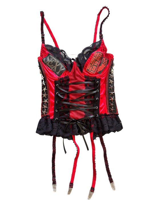 RedDevil 哥特风辣妹黑红朋克铆钉ramake手作吊带上衣 camisole Red Devil