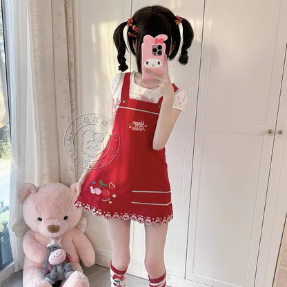 Bunny Planet - Jojifuku Cherry Red Embroidered Pinafore Dress dress bunnyplanet