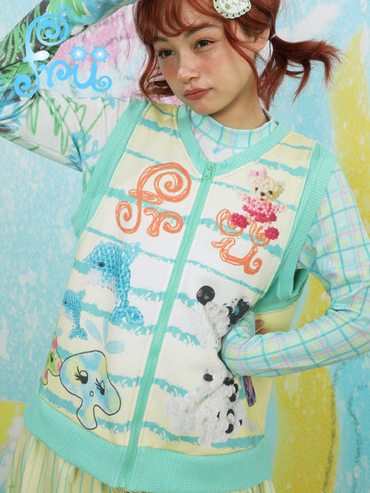 frufru Snow Farm Vest Dress | Harajuku Patchwork Knit Dress | Green Sleeveless Jumper