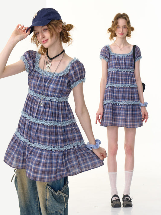 ziziFei - Girly Purple Plaid Square Neck Dress