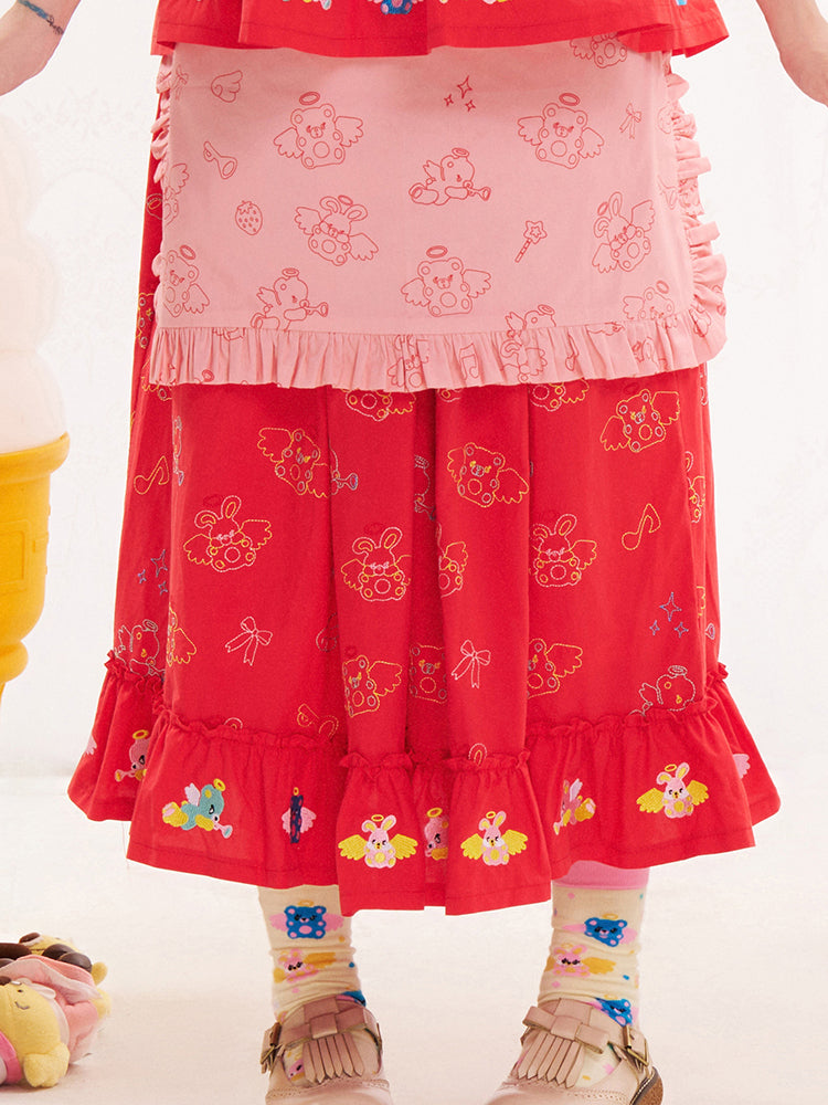 NIKKOU Kawaii Embroidered Red Skirt | Cotton Skirt with Detachable Apron skirt Nikkou home