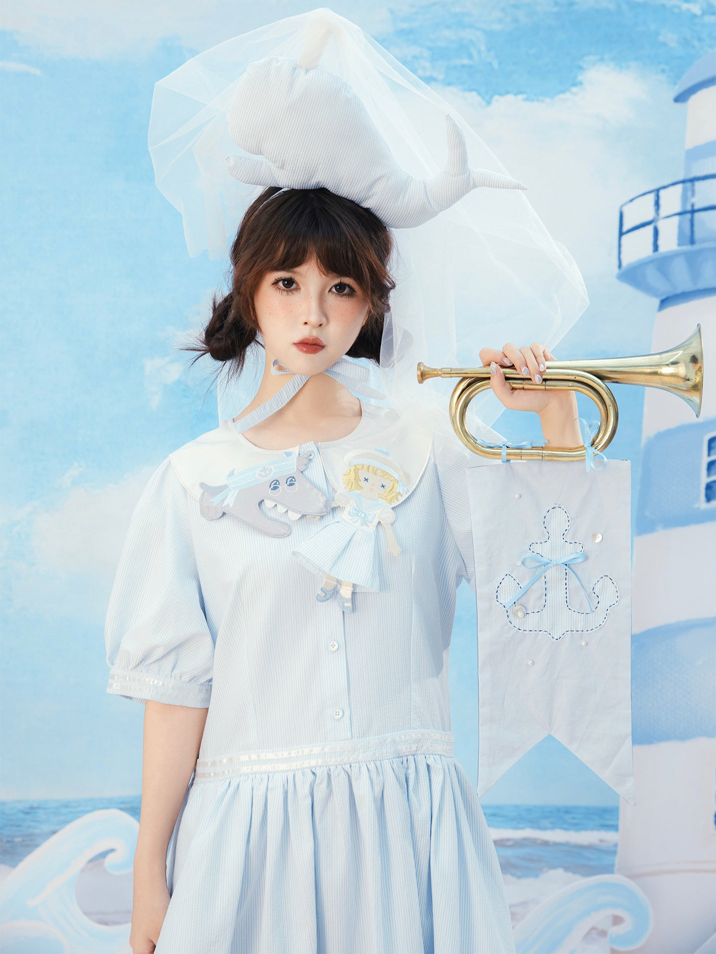 Meugler - Kawaii Dress Blue White Stripes dress Meugler