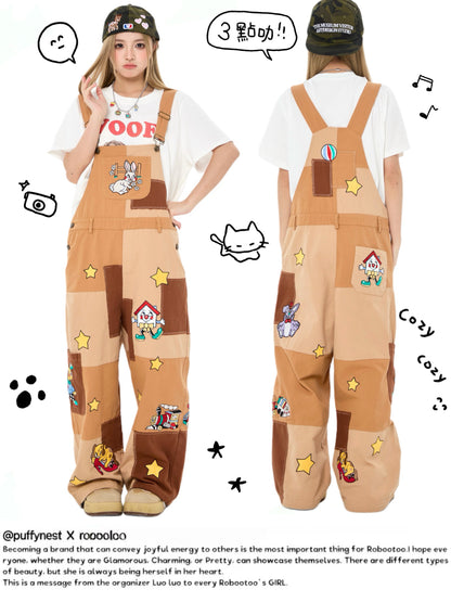 Robootoo - Brown Patchwork Embroidered Wide Leg Overalls overall Robootoo