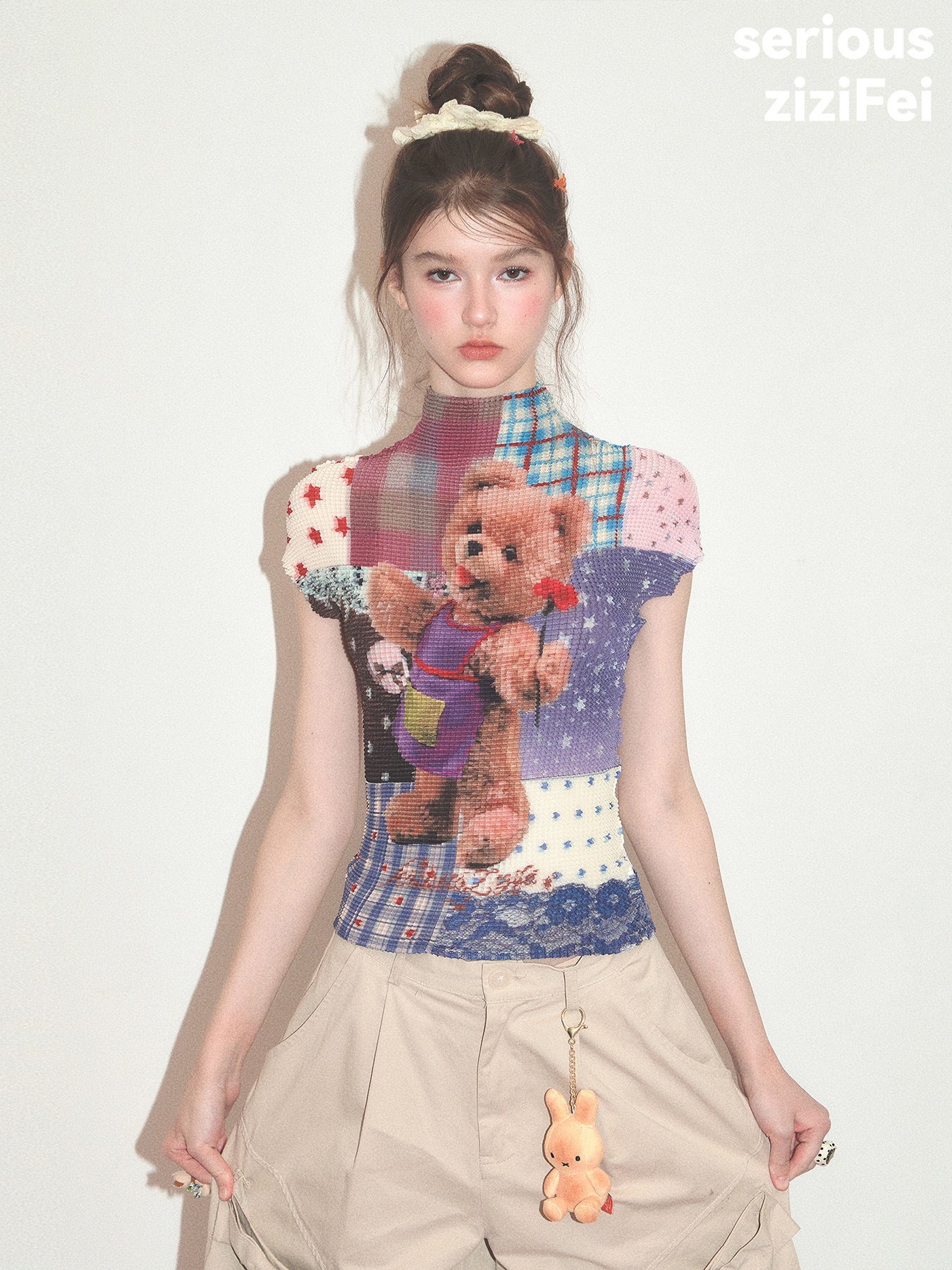 ziziFei - Teddy Patchwork Pleated T-Shirt shirt ziziFei