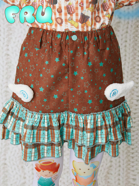 frufru - Kawaii Corduroy Skirt Brown Wing Design Skirt skirt frufru