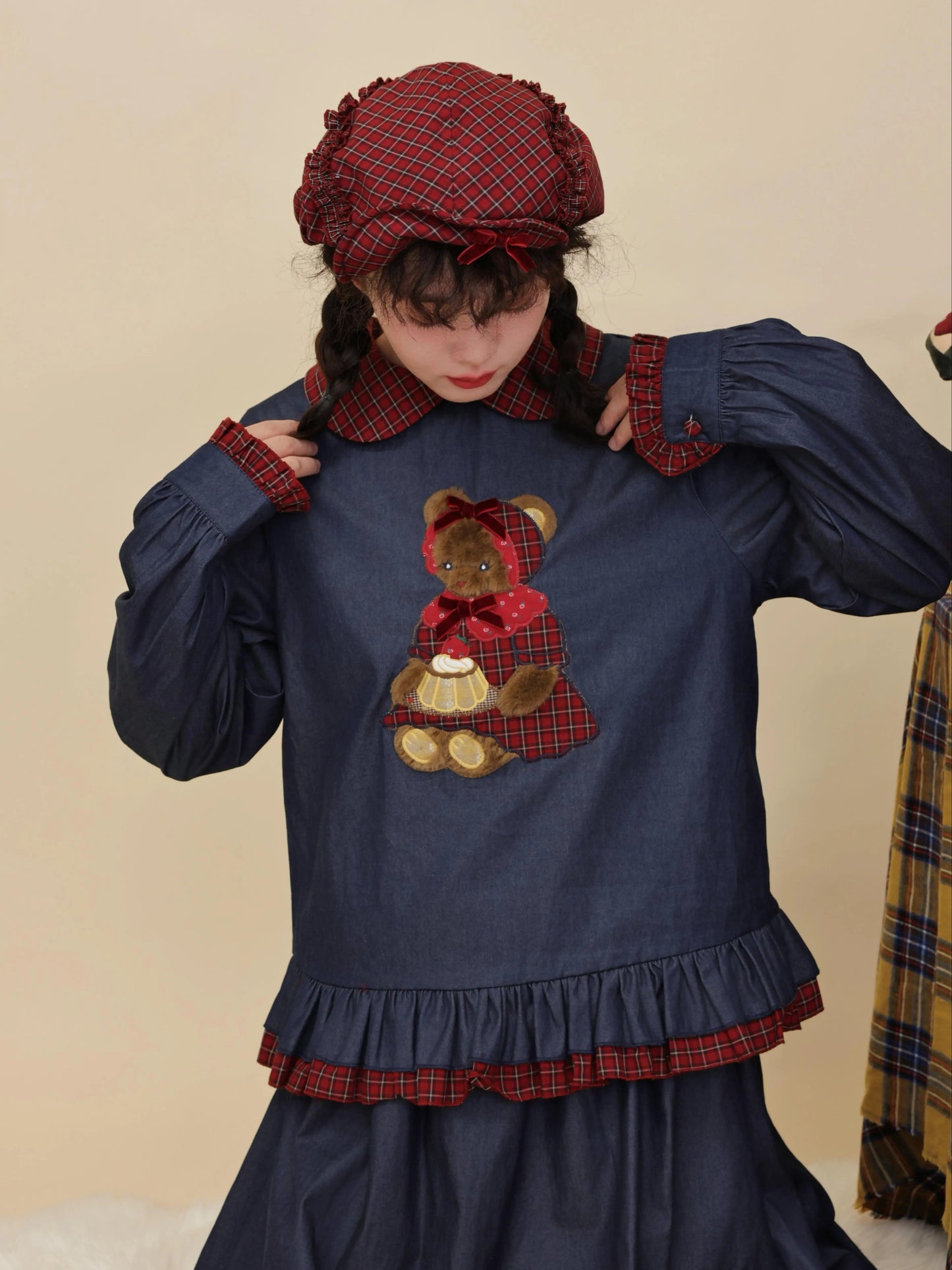 SemenCoicis - Kawaii Denim Shirt Plaid Lace Pudding Bear blouse SemenCoicis