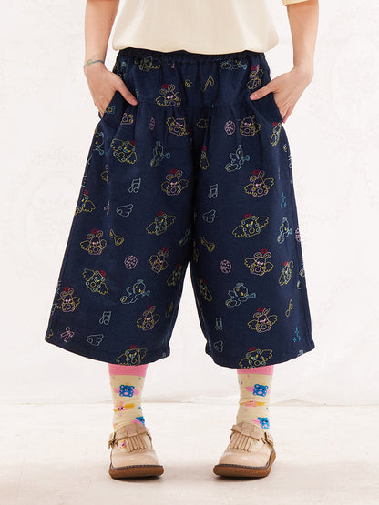 NIKKOU Kawaii Denim Cropped Pants | Harajuku Embroidered Capri Pants pants Nikkou home navy S