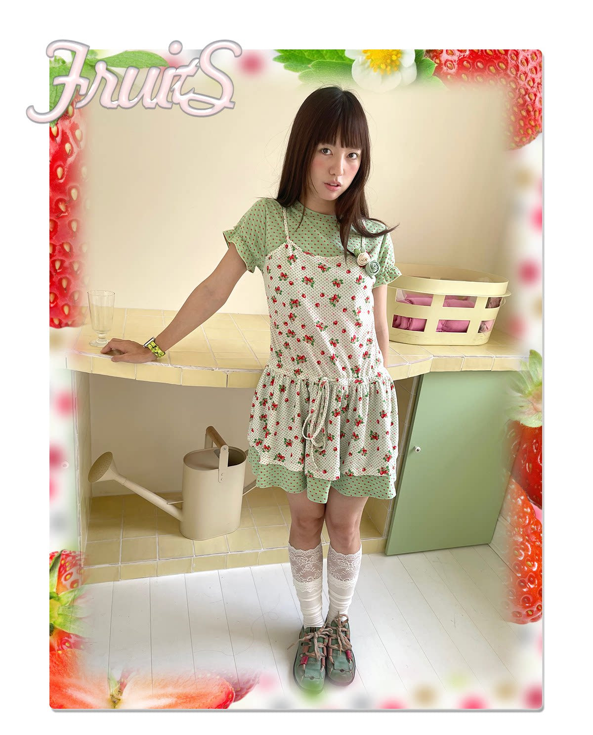 FRUITS - Mint Green Polka Dot Puff Sleeve Dress dress Fruits S