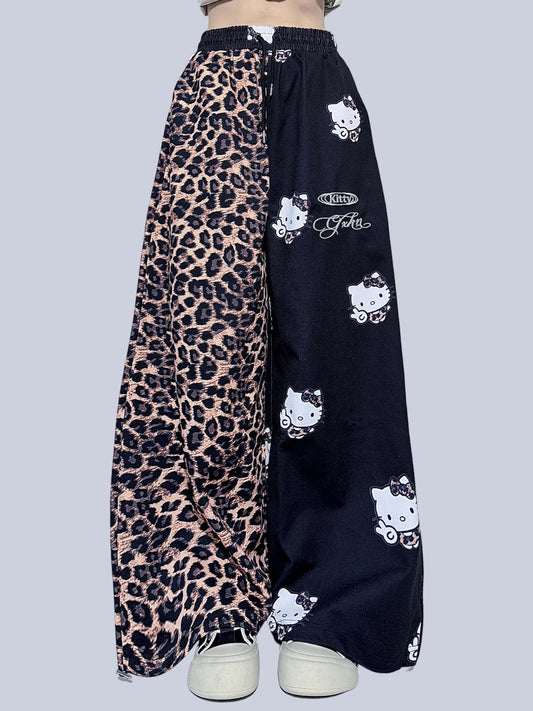 FANLOVEGIRL - Black Leopard Wide-Leg Sweatpants pants FANLOVEGIRL