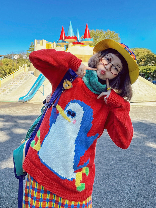 made in zzz 童趣手工针织可爱企鹅红色百搭保暖全棉打底衫毛衣 sweater made in zzz