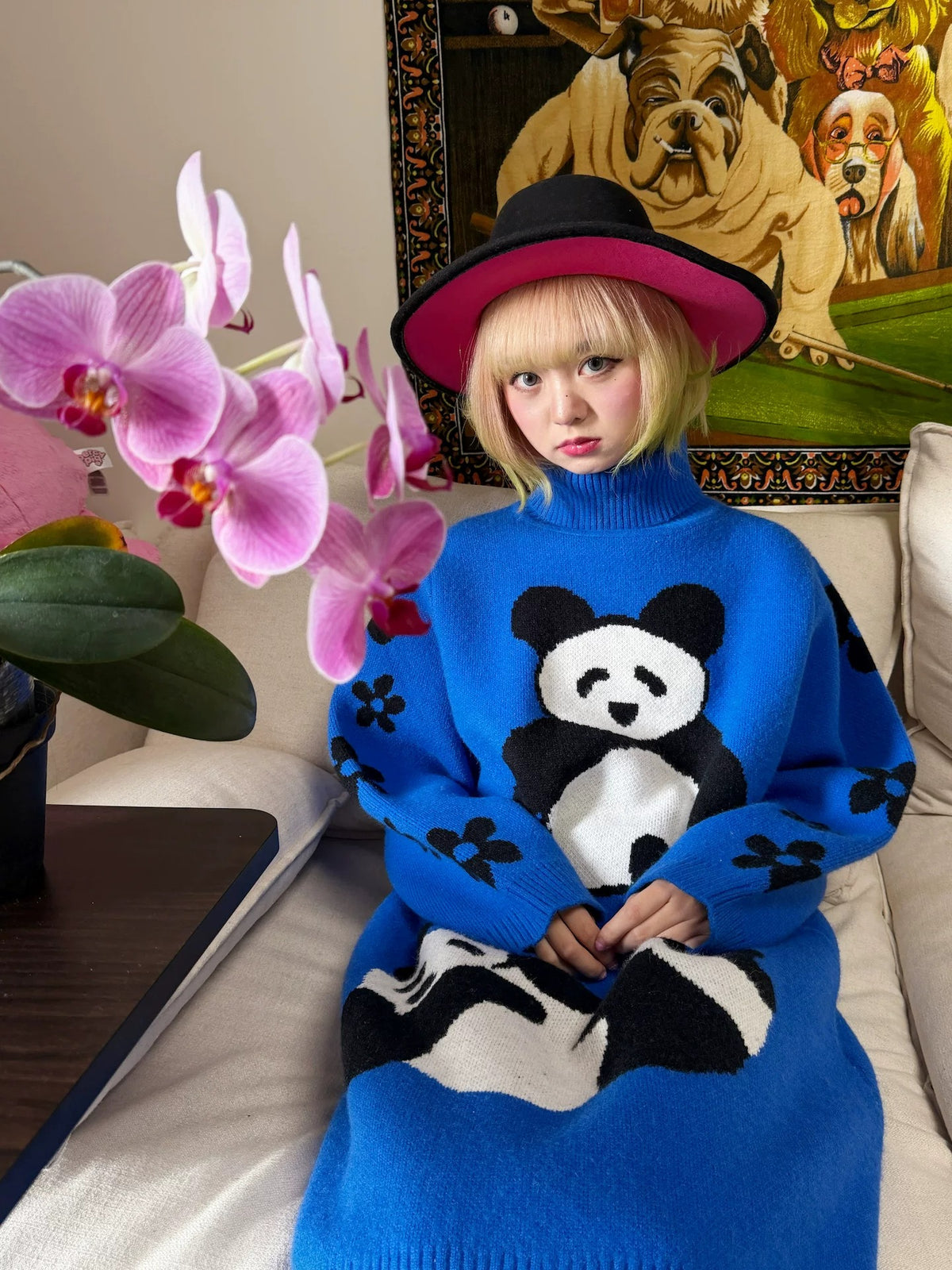 bunnybunnygun - Retro Panda Turtleneck Long Blue Sweater sweater bunnybunnygun