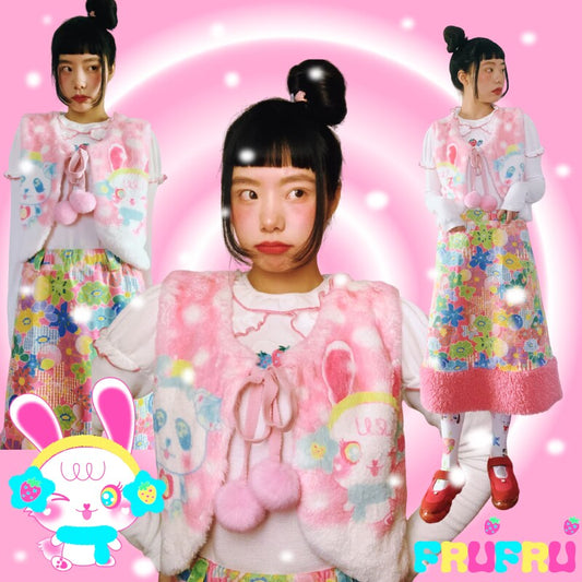 frufru Cartoon Pink Vest | Bunny Heart Plush Tie Vest