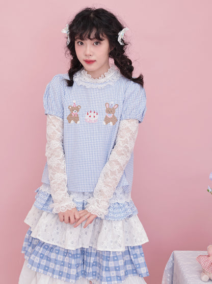 SemenCoicis Sweet Bear Embroidered Shirt | Kawaii Puff Sleeve Plaid Blouse shirt SemenCoicis