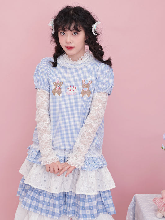 SemenCoicis Sweet Bear Embroidered Shirt | Kawaii Puff Sleeve Plaid Blouse shirt SemenCoicis