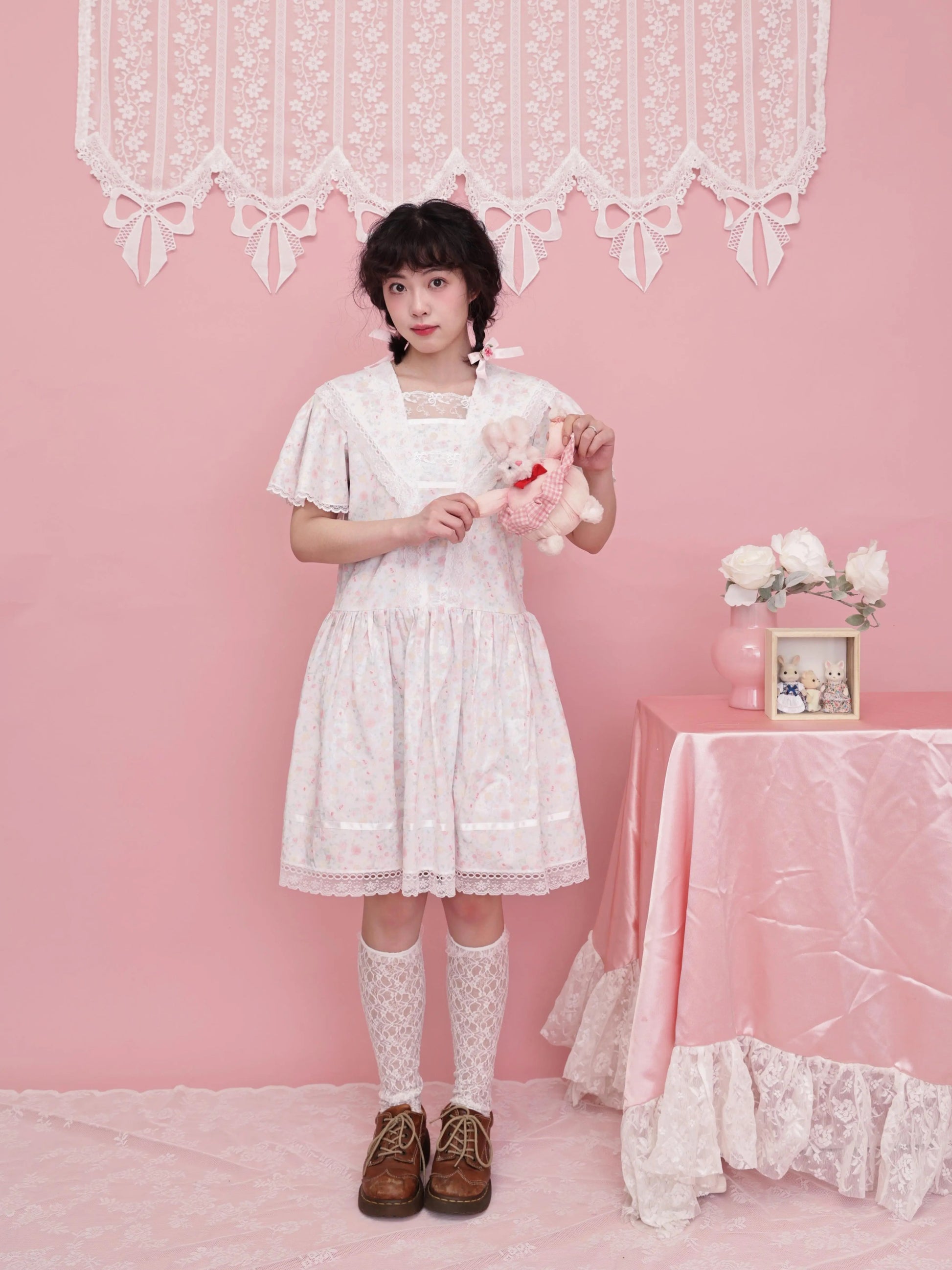 SemenCoicis – Vintage Rose Print Sailor Collar Lace Dress Retro Girl Aesthetic dress SemenCoicis