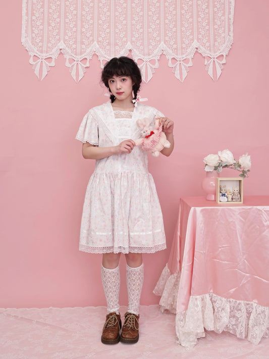 SemenCoicis – Vintage Rose Print Sailor Collar Lace Dress Retro Girl Aesthetic dress SemenCoicis