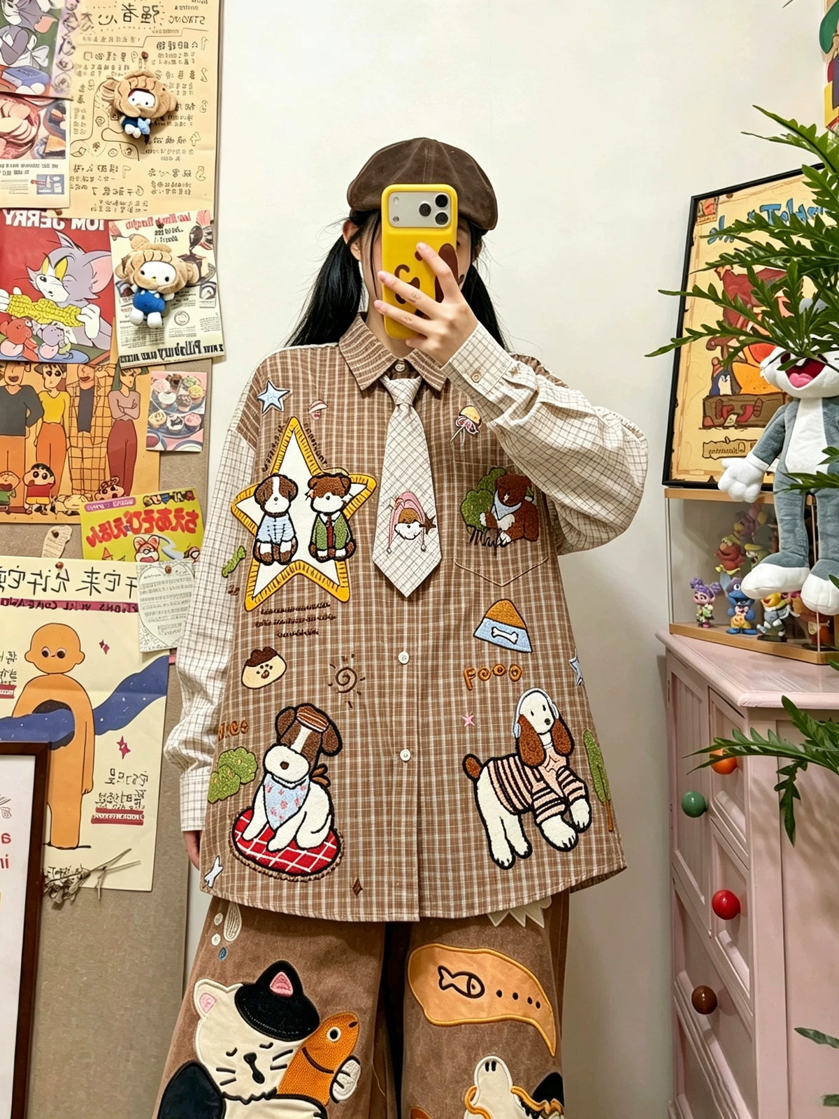 BIBULU - Vintage Plaid Cartoon Embroidered Shirt shirt BIBULU