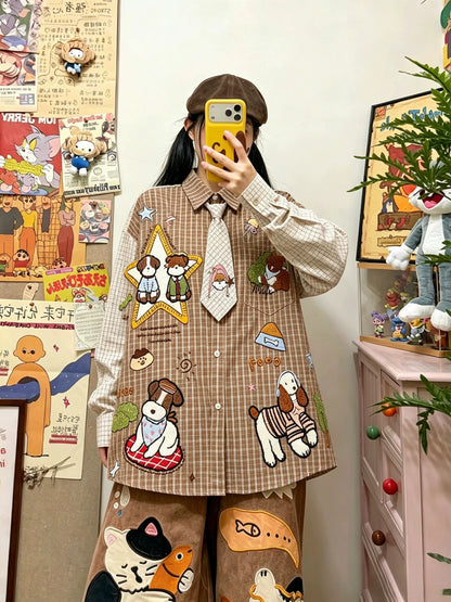 BIBULU - Vintage Plaid Cartoon Embroidered Shirt shirt BIBULU