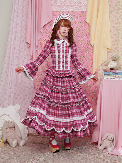 SOS MEME CLUB - Pink Plaid Showa Retro Midi Skirt skirt SOS MEME CLUB