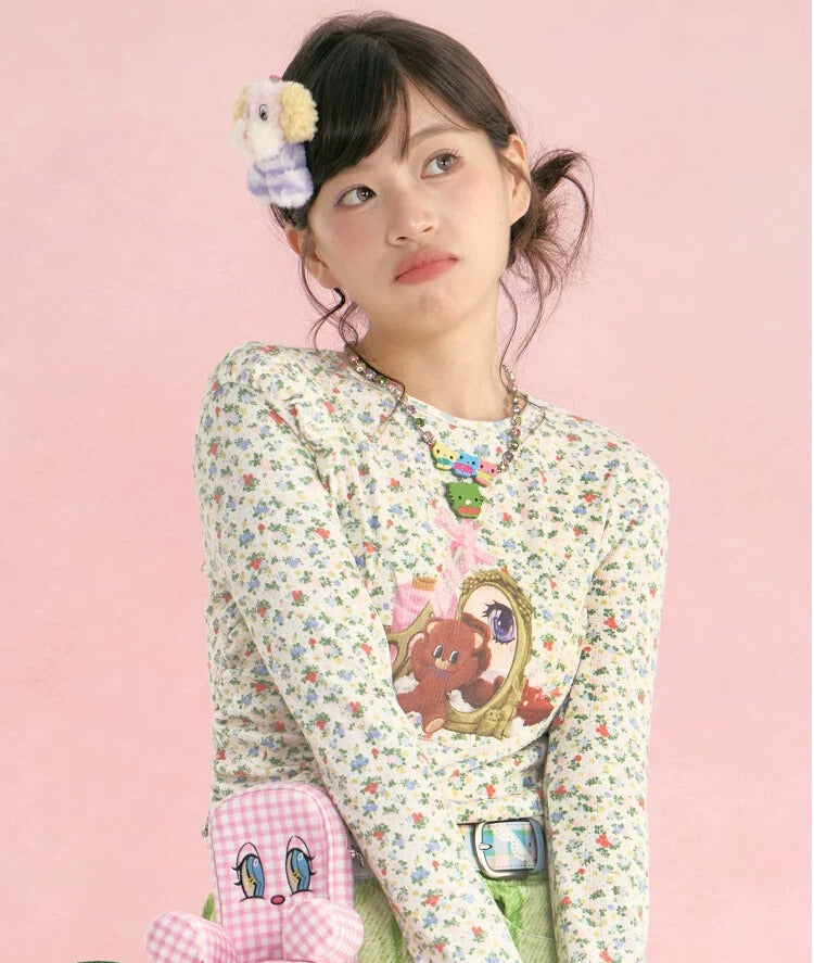 tntntutu - Beige Teddy Floral Ruched Long Sleeve Top shirt tntntutu