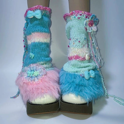 Blue Pink Knit Slouch Leg Warmers leg warmmers Handmade