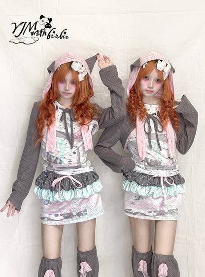 YJM with biubiu - Bunny Ear Polka Dot Hoodie Poncho jacket YJM with biubiu