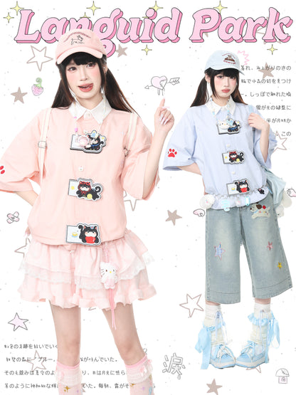 Languid Park - Cat Embroidered Bow Shirt shirt Languid Park