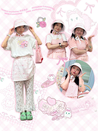 shishihshop Decora Kei Pink Sun Hat | Sweet Girl Lace Ribbon Wide-Brim UV Cap hat shishihshop