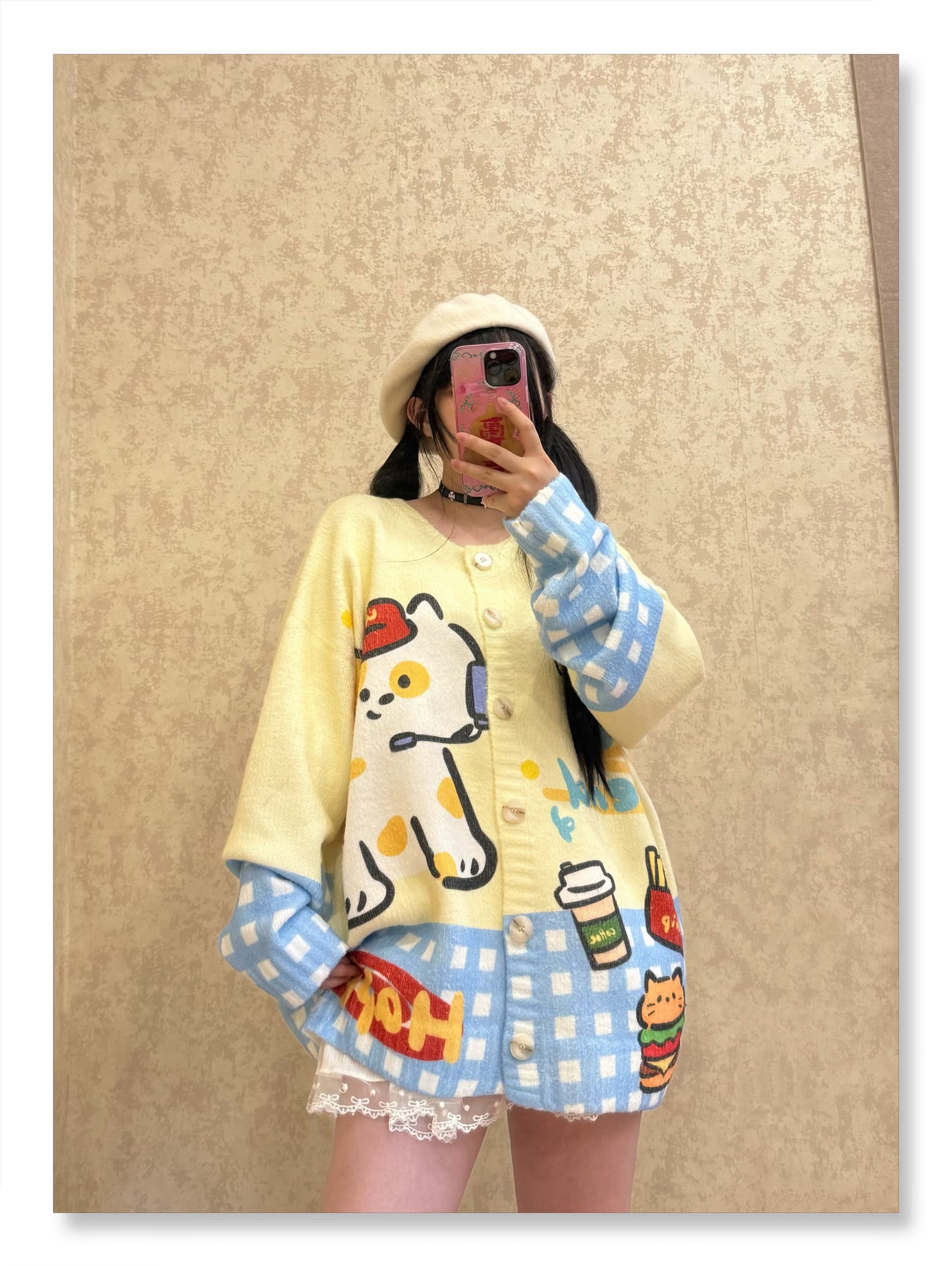 BIBULU - Kidcore Cat Print Cream Cardigan cardigan BIBULU