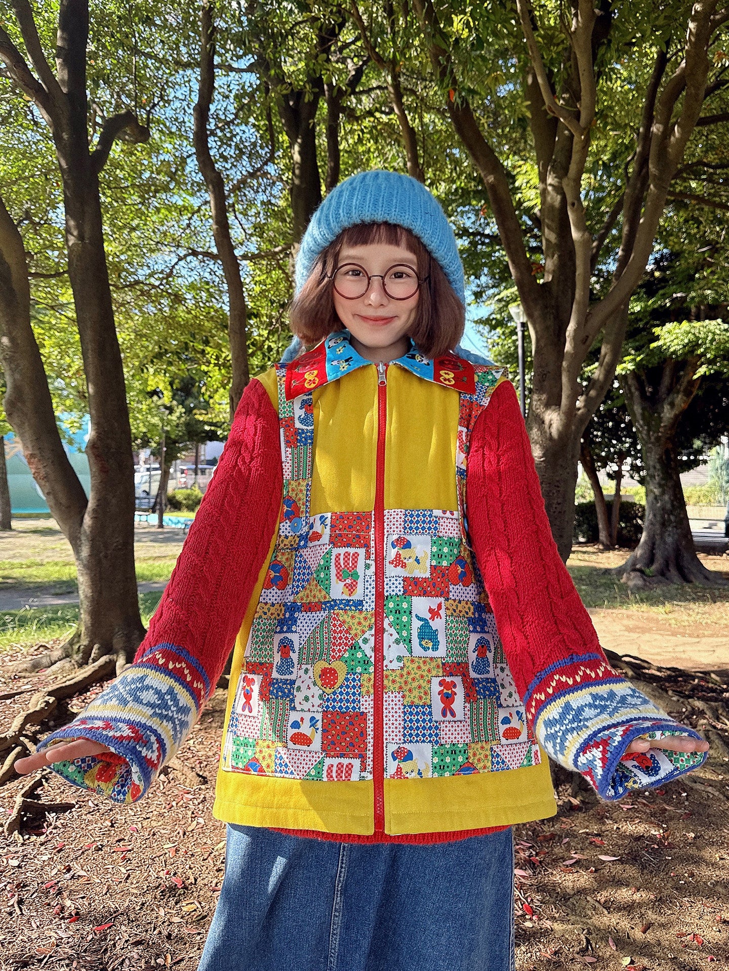 made in zzz 双面穿棉服童趣撞色拼接毛线刺绣田园艺术夹棉外套 jacket made in zzz