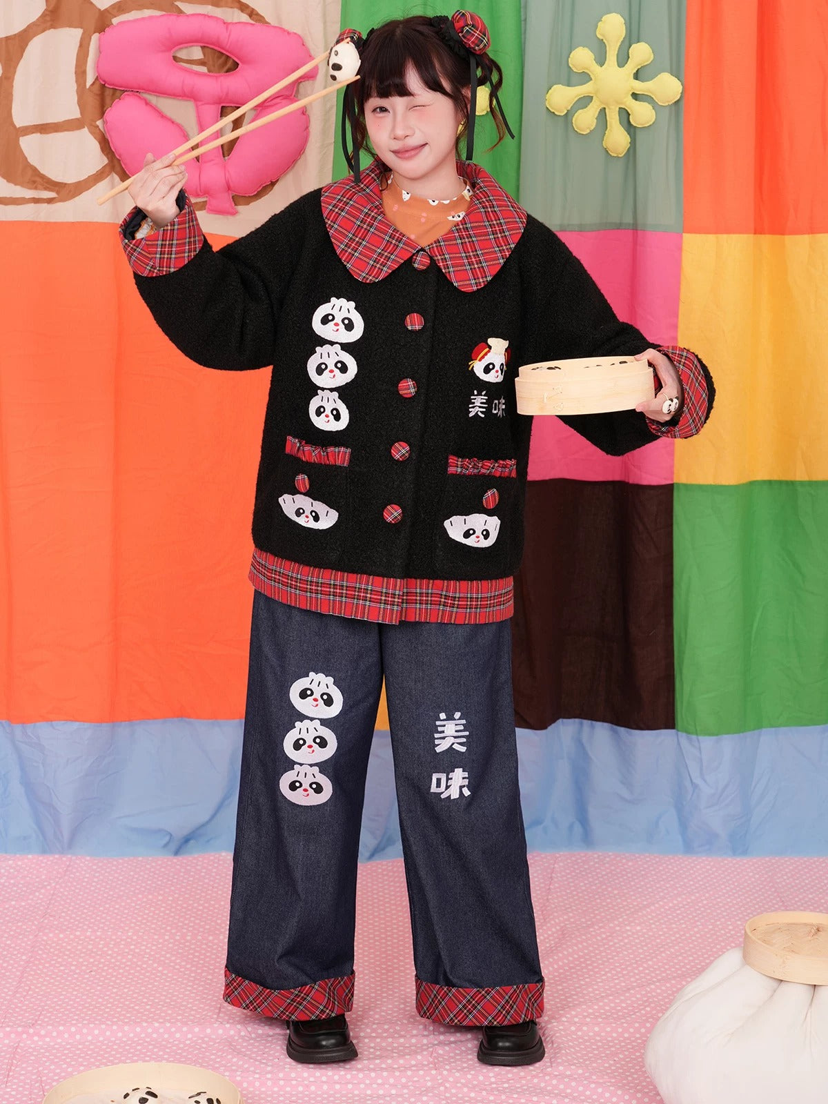 NIKKOU - Steamed Bun Embroidered Wide-Leg Jeans pants Nikkou home