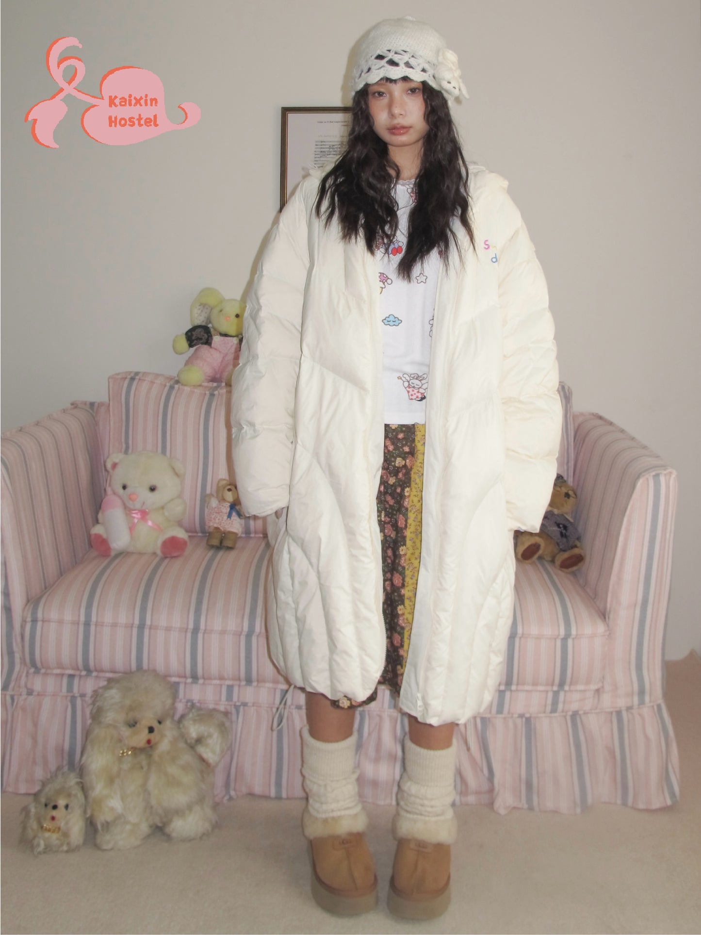 KaiXin Hostel Winter White Puff Original Embroidered Long Down Jacket