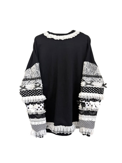 Red Devil - Lace Patchwork Bow Black Sweatshirt sweatshirt Red Devil