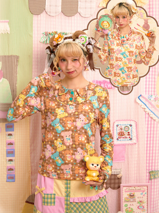 Lutra Jump - Decora Kei Bear Print Layered Long Sleeve Top shirt Lutra Jump