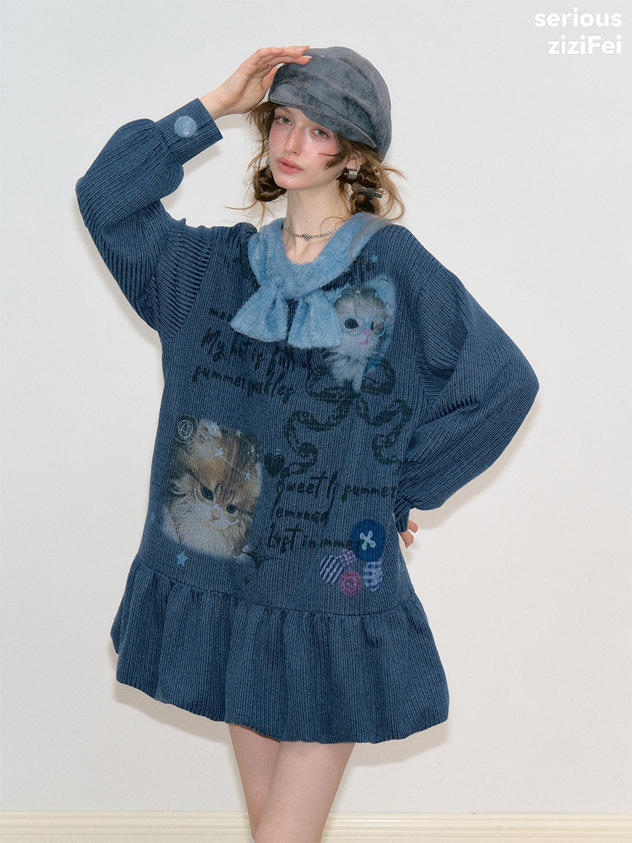 ziziFei - Navy Cat Print Bow Collar Knit Dress dress ziziFei