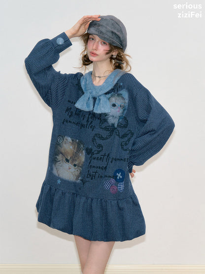 ziziFei - Navy Cat Print Bow Collar Knit Dress dress ziziFei
