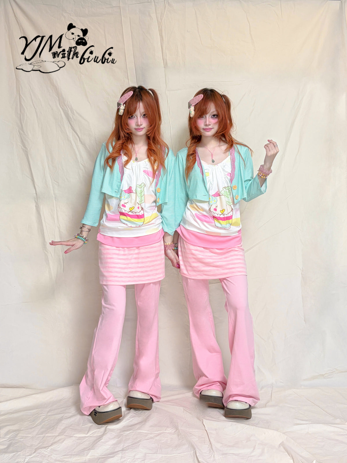 YJM with biubiu - Pink Stripe Foldover Skirt Pants pants YJM with biubiu