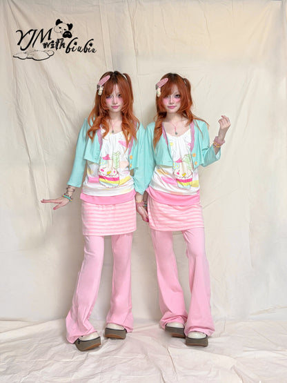 YJM with biubiu - Pink Stripe Foldover Skirt Pants pants YJM with biubiu